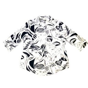 Kim Rogers Flower Floral 3/4 Sleeve Button Up Black and white women’s to…